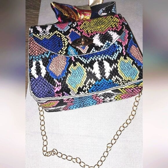 Women's Mini Snakeskin Embossed Handbag, Twilly Scarf Decor Flap - Picture 7 of 12